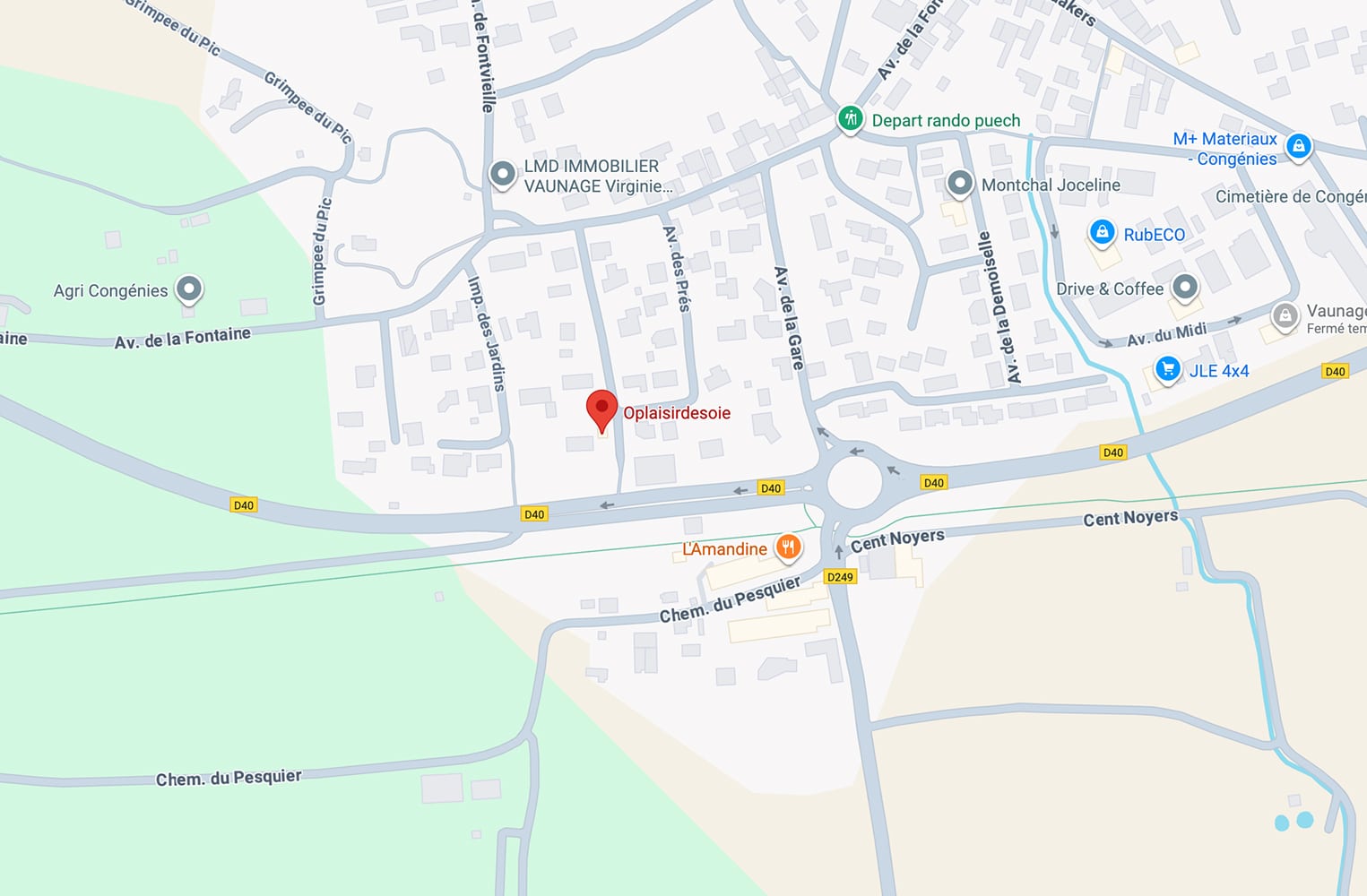 Oplaisirdesoie Carte : Itinéraire Proche D40 Congénies Carte montrant l'emplacement d'Oplaisirdesoie, près du rond-point D40/D249, à proximité de L'Amandine et Cent Noyers.