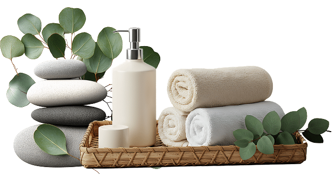 Ambiance Spa Zen : Serviettes, Galets et Eucalyptus Composition zen : galets de rivière empilés, distributeur de savon crème, serviettes roulées et feuilles d'eucalyptus dans un panier en osier.